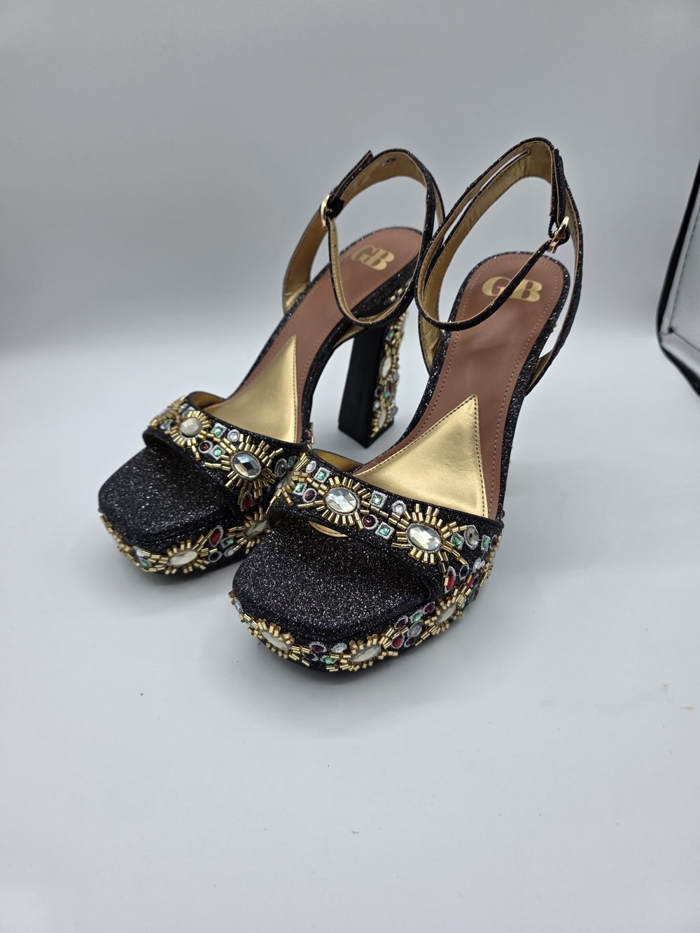Gianni Bini Embellished Black Platform Sandals with Gold Accents